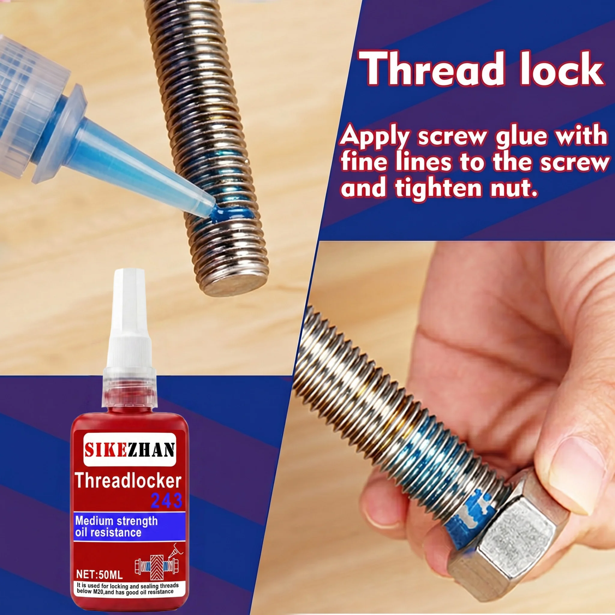 SIKEZHAN Medium Strength Threadlocker Blue 243 Removable Screw Compound Metal Glue to Secure Fasteners and Prevent Corrosion
