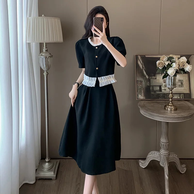 Women's French Button Up Shirt Black Ear Edge Pleated Skirt Two-piece Set Retro Contrasting Color Black Ear Edge Shirt Skirt Set