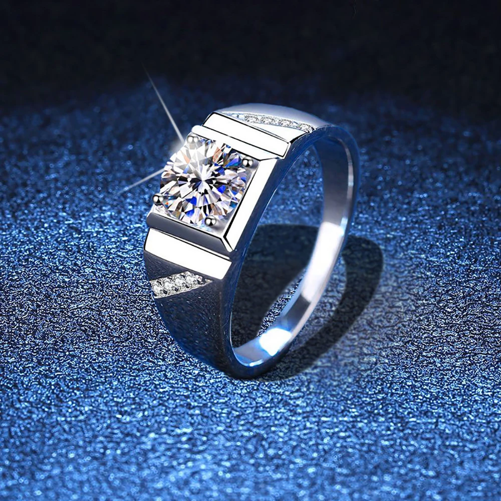 TEMGF S925 Sterling Silver Wide Ring for Men Full Moissanite/Zircon Inlay Couple Simple Fine Jewelry Daily Party Fashion Item