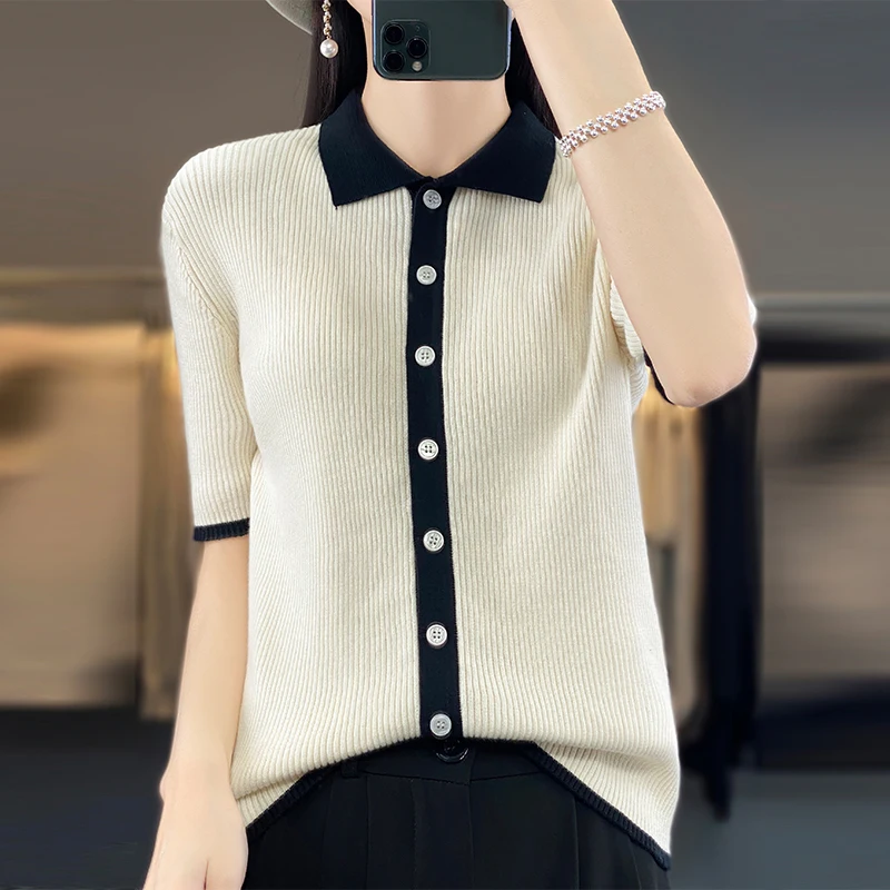 100% Cotton T-shirt Women\'s Polo Collar Color Block Cardigan Short Sleeve 2023 Summer New Knitted Sweater Loose Fashion Top