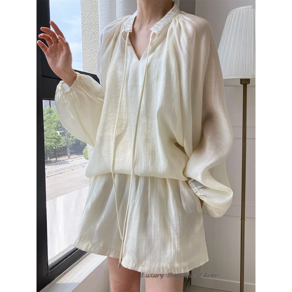 Elegant Long Sleeve Blouses Set Of Two Fashion Pieces For Women Summer Solid Color Shorts Sets Casual Loose Suits With Shorts