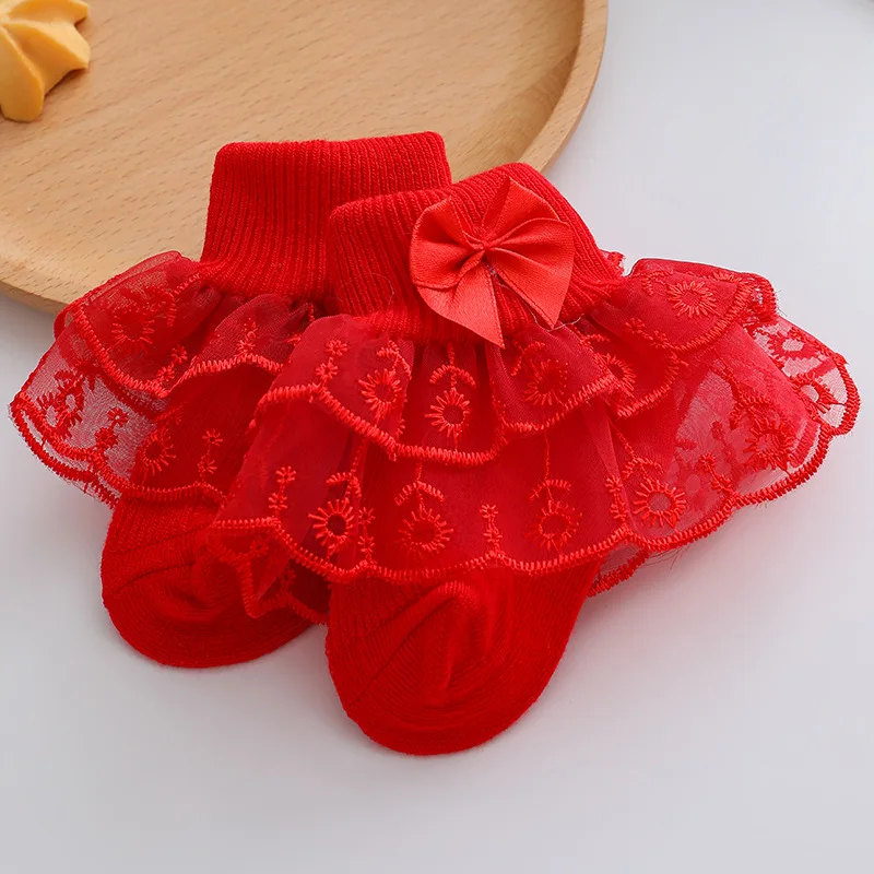 Summer Baby Girls Ruffle Lace Socks Cotton Soft Infant Ankle Socks Princess Dress Socks with Bow