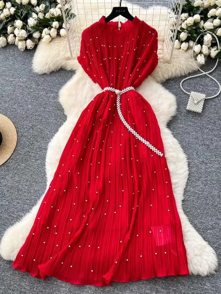 Women Elegant Nail Bead Dress Summer French Pleated Vintage Long Dresses Ladies Slim A-line Soid Evening Party Long Robe Vestido