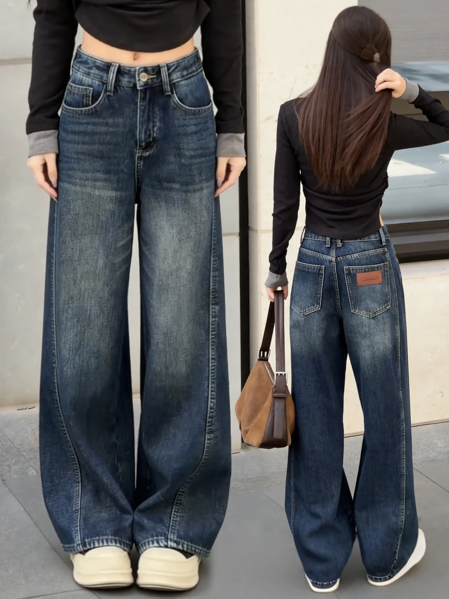 

Женские джинсы с высокой талией и широкими штанинами в стиле ретро, весенне-осенние свободные брюки прямого кроя в пол, повседневный стиль