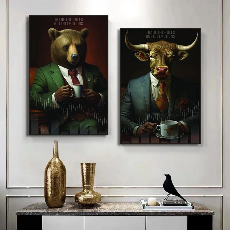 Stock Market Wall Street Bull Bear Drink Coffee Monopoly Art Canvas Painting Posters and Prints Wall Pictures for Room Decor