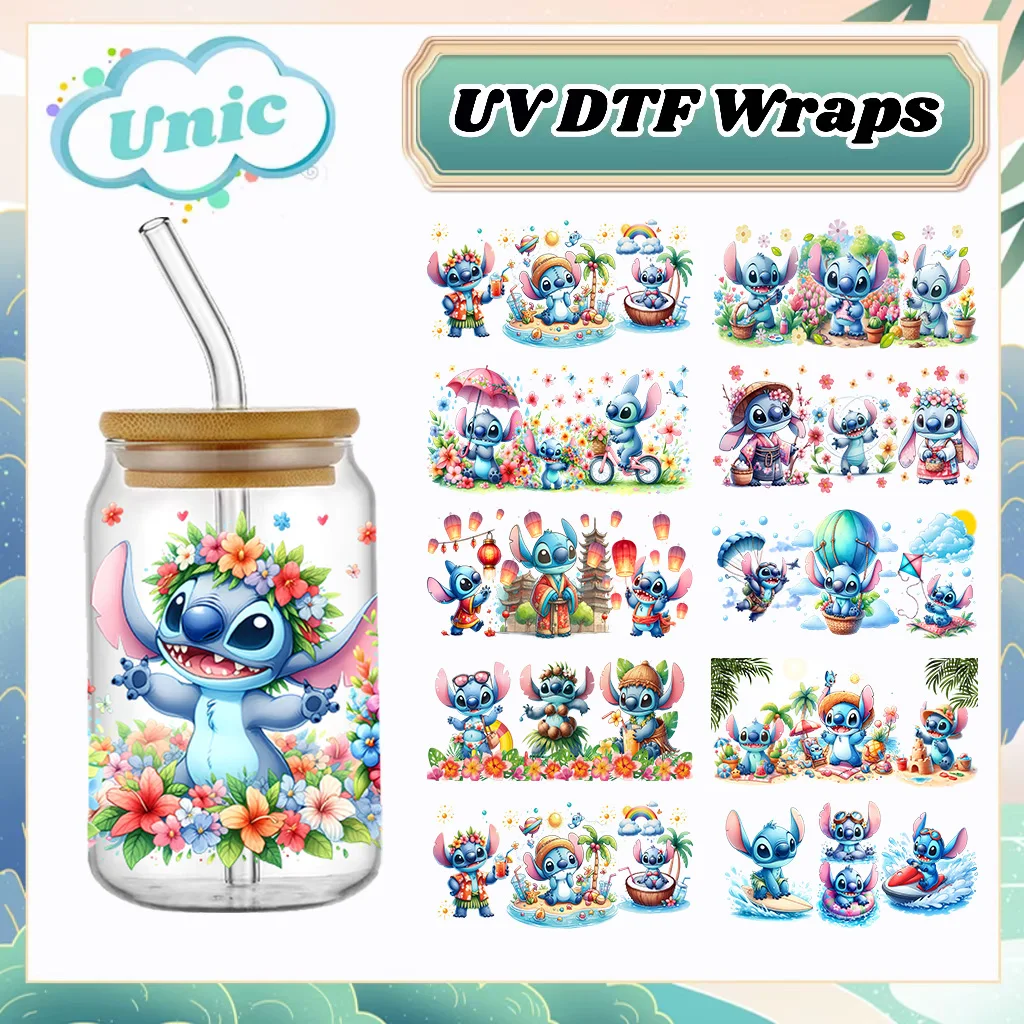 Stitch 16oz UV DTF Cup Wrap Libbey Glass Beer Can tumbler Transfer Stickers Waterproof Permanent Adhesive Spring Flower Cartoon