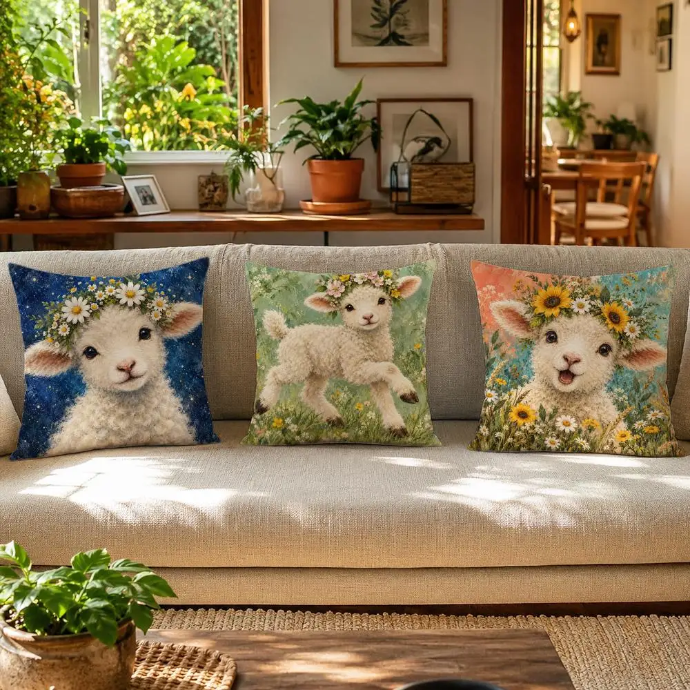 Baby Lamb Daisy Crown Cushion Cover Skin-Friendly Organic Linen Pillow Cover Durable Hypoallergenic Washable Soft