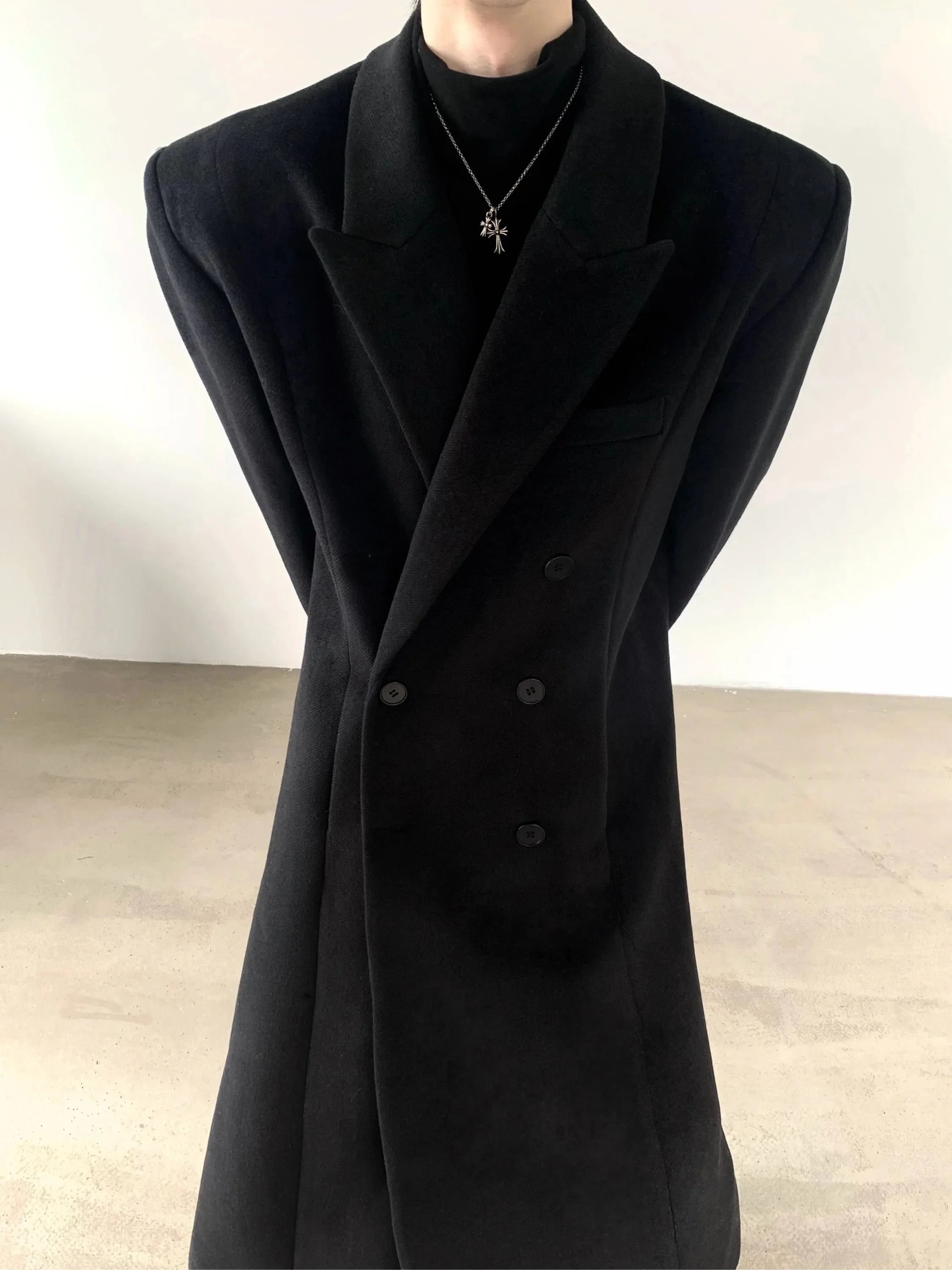 Autumn Mountain Wind Sword Knight Double Row Button Waist Pad Shoulder Woolen Coat Men's Winter Long Coat Windbreaker Outerwear