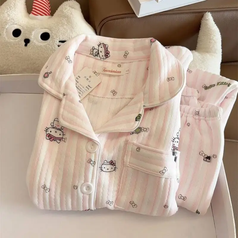 

Sanrio Hello Kitty Women's Nightgowns Sets Cuteore Cartoon Winter Sleepwear Long Sleeve Pants Sleeping Pajamas Warm Homewear New