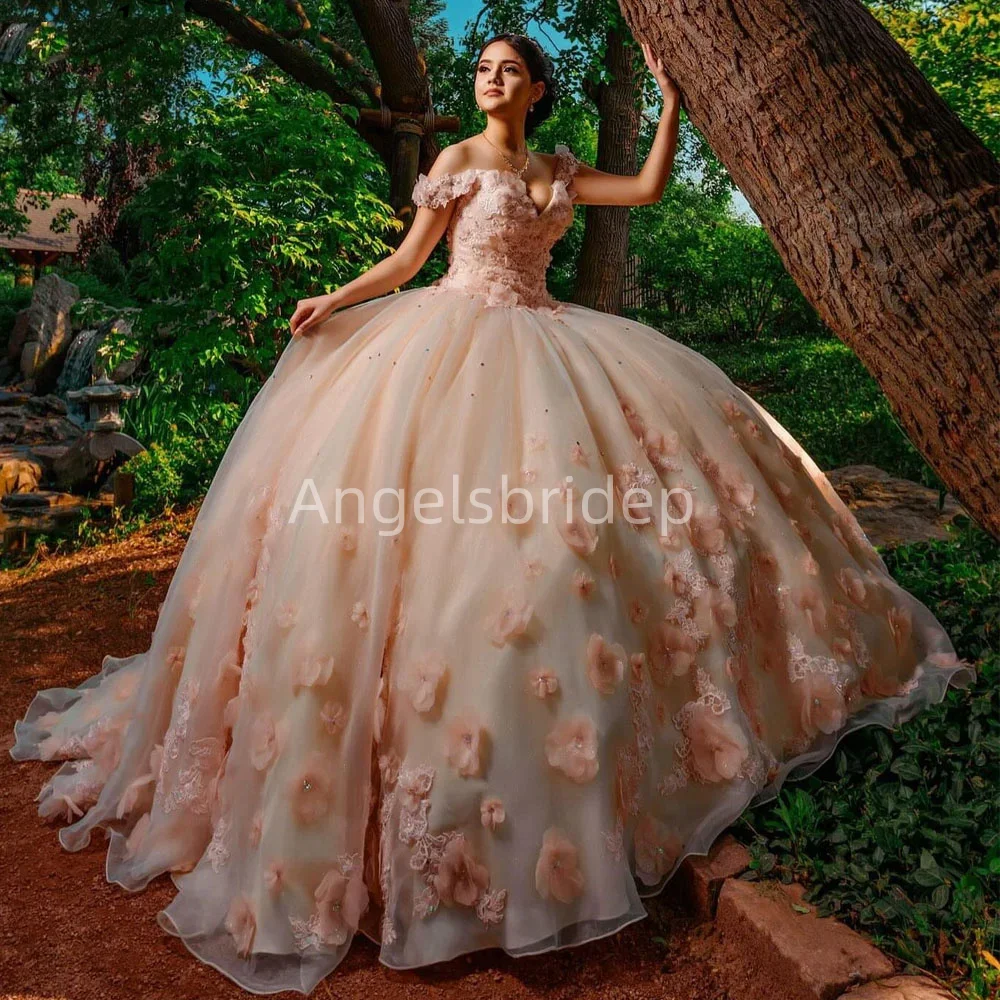 Angelsbride Roze Prinses Baljurk 15 Jaar Oude Quinceanera Jurken Met 3d Handgemaakte Bloemen Brithday Party Vestidos De 15 Años