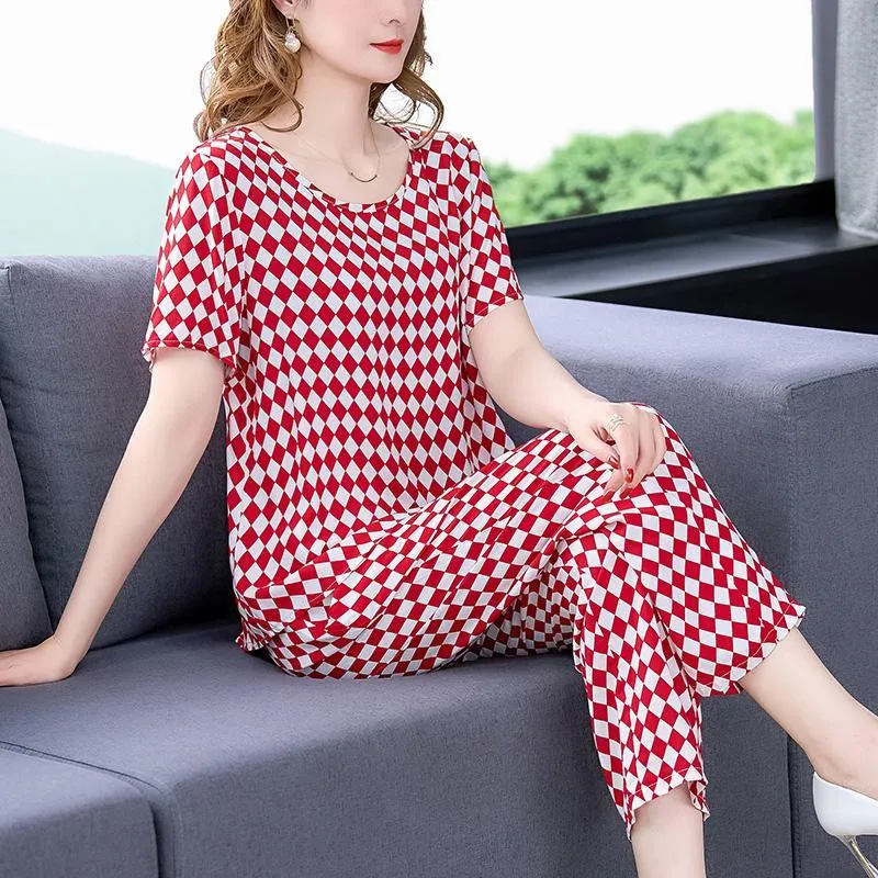 Casual Suit Women\'s 2023 Spring Summer New Solid Color Cotton Silk Pants Suit Blouses Short-sleeve Tops Mother Two Piece Sets