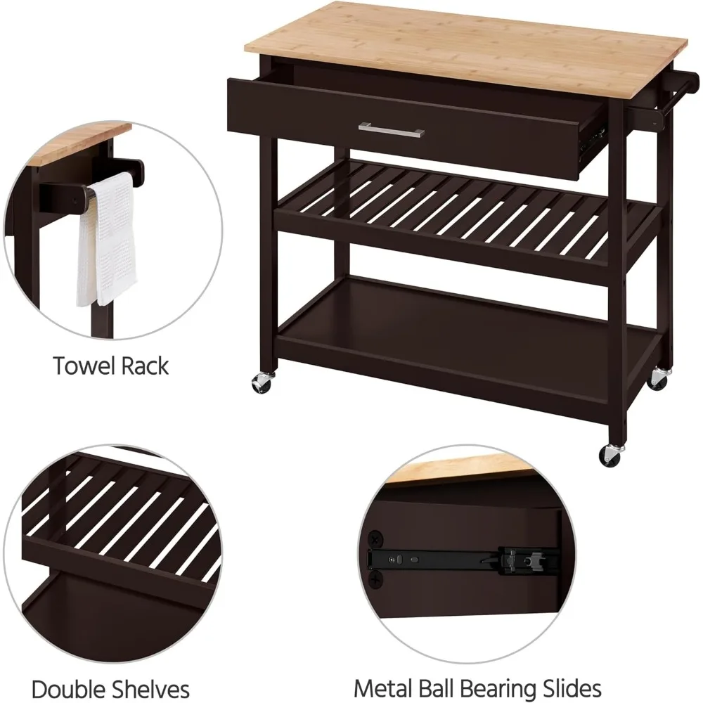 عربة جزيرة المطبخ مع سطح خشبي، وعربة أدوات متنقلة للخدمة، ودرج تخزين، ورف النبيذ، وحامل المناشف #6