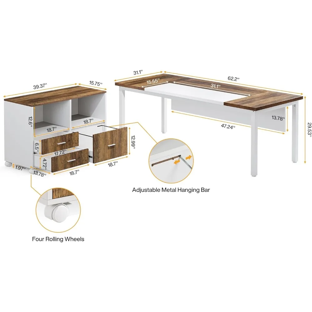 Office Desk with Cabient,63 inches L Shaped Computer Drawers and Mobile File Cabinet, Executive for Home Furniture Sets