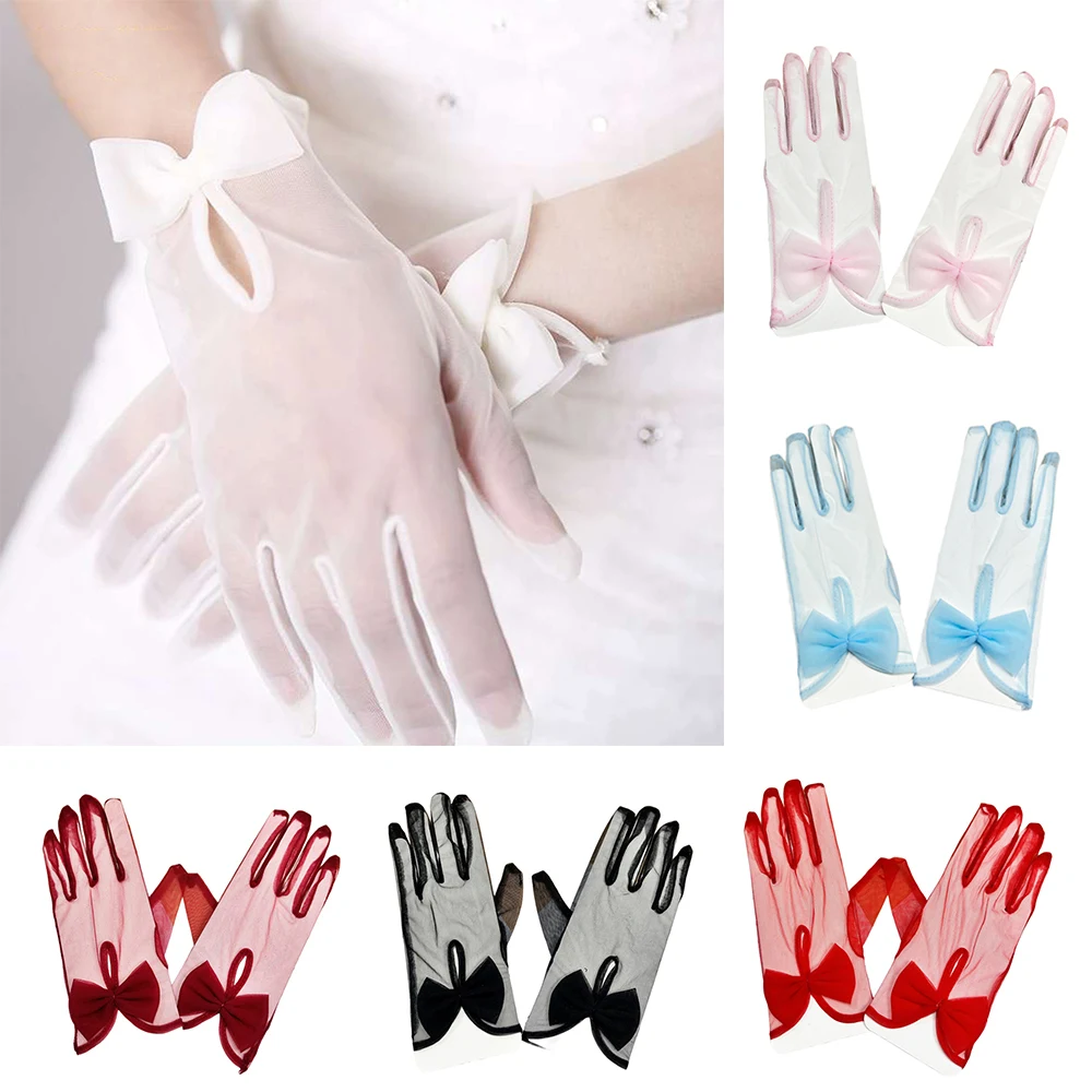 

Sheer Lace Short Gloves Bride Wedding Mesh Gloves Bow Short Yarn Mittens French Lace Elegant Transparent Bowknot Glove