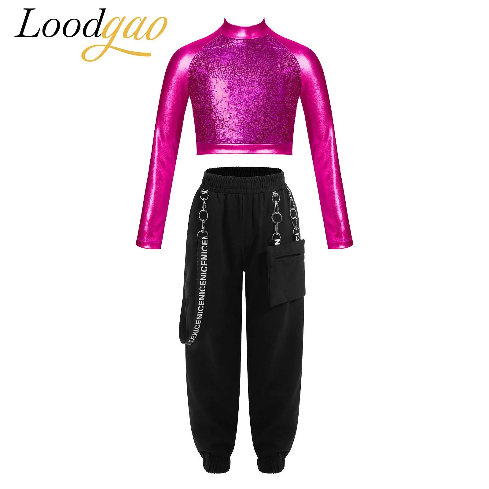 

Одежда для хип-хопа для девочек, наряды с блестками, детские костюмы для джазовых танцев, детский блестящий укороченный топ металлик с брюками-карго, одежда для выступлений