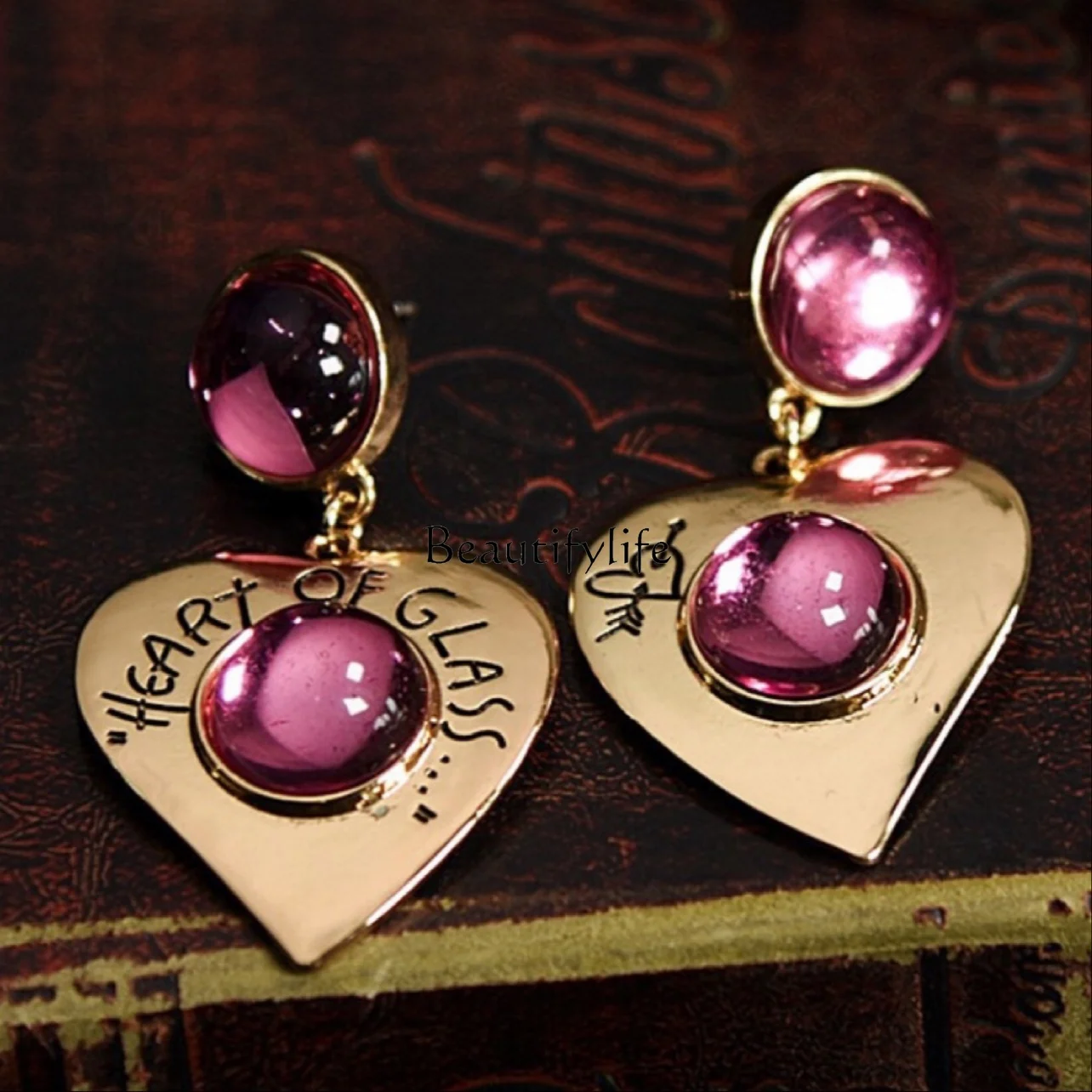 Retro French Premium Pink Gemstone Love Asymmetric Earrings for Women 925 Silver