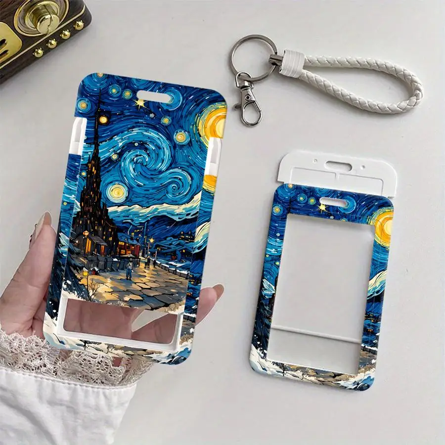 Starry Night Town Cover Case 1Pc Card Holder Retractable Credit Card Holders Holders Child Bus with lanyard Badge Bank ID