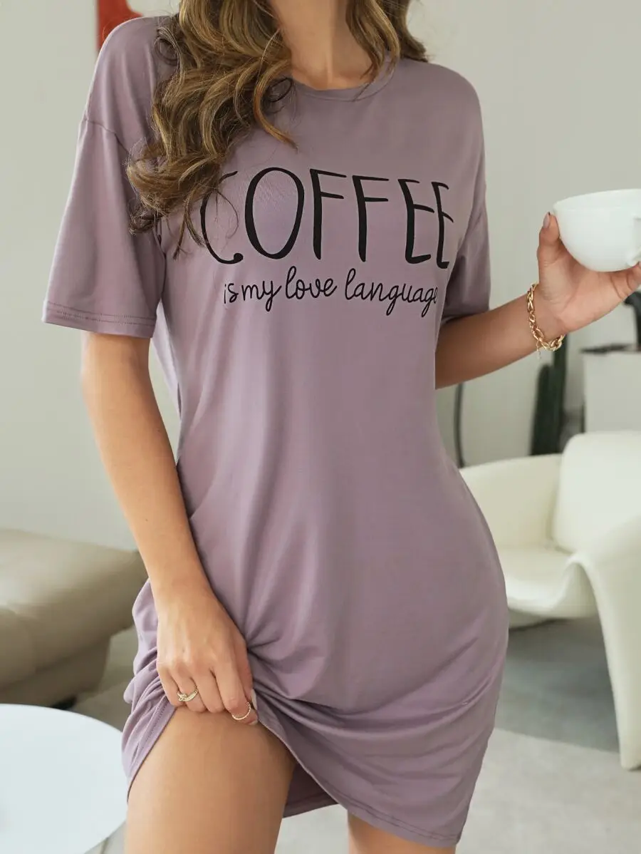 

Purple Loose Fit Graphic Print Nightdress with Drop Shoulder