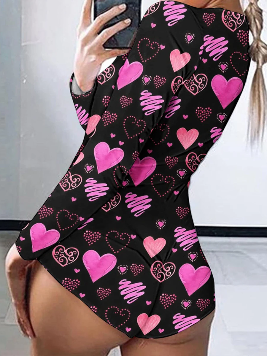 Women’s Long Sleeve Valentine Day Jumpsuit Bodycon V Neck Heart Lip Print Button Down Short Romper Indoor Sleepwear