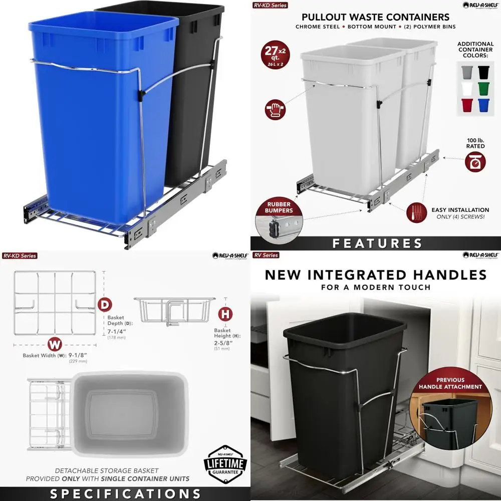 

Kitchen Cabinet Pullout Trash Can 27 Qt Recycling Bin with Full Extension Slides Blue/Black