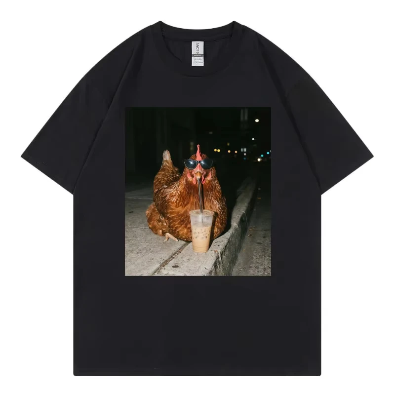 Chicken Drinking Lced Coffee Fuuny Meme T-shirt High Quality Fashion Oversized T Shirts Men Women Summer Casual Cotton T-shirts