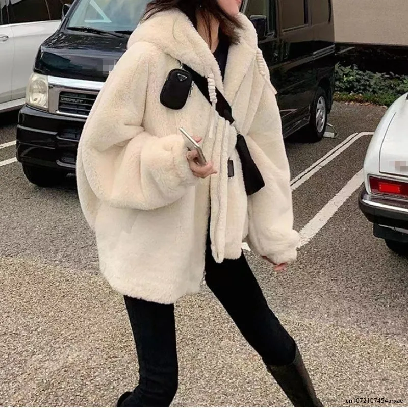 Japanese White Kawaii Plush Sweatshirt Jacket Casual Warm Hoodies Female Autumn Winter Cute Bow Sweatshirts Coats