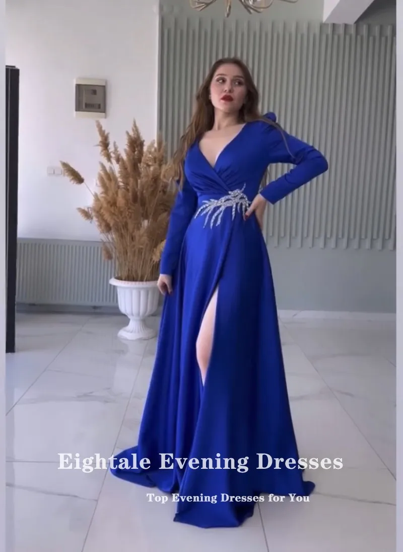 Eightale Arabic Evening Dress Satin Long Sleeves V-Neck A-Line Royal Blue Prom Gown Wedding Party Dress Vestidos De Noch