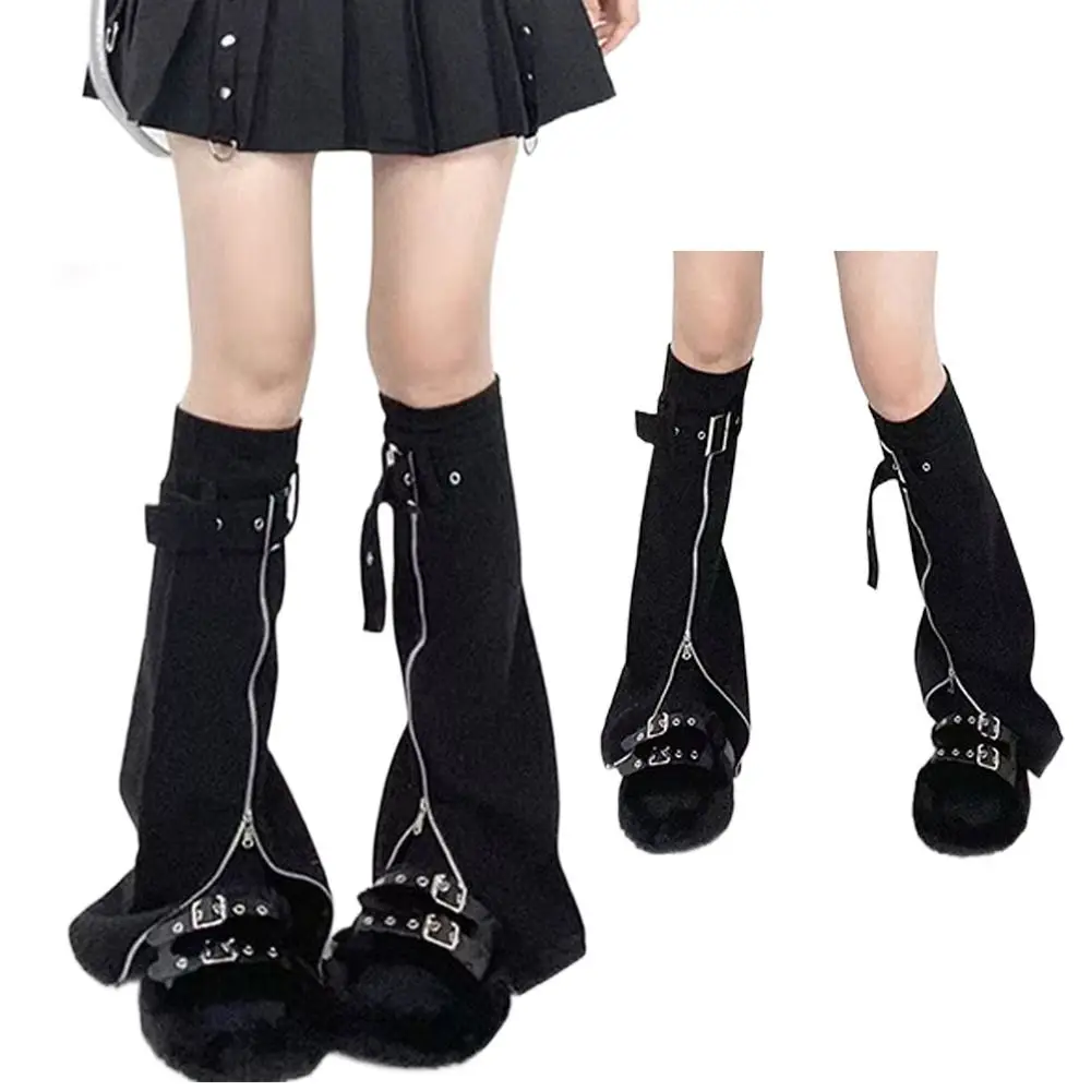 Aesthetic Black Leg Warmers PU Denim Zippered Flared Leg Thigh Harness Strap High Socks Women
