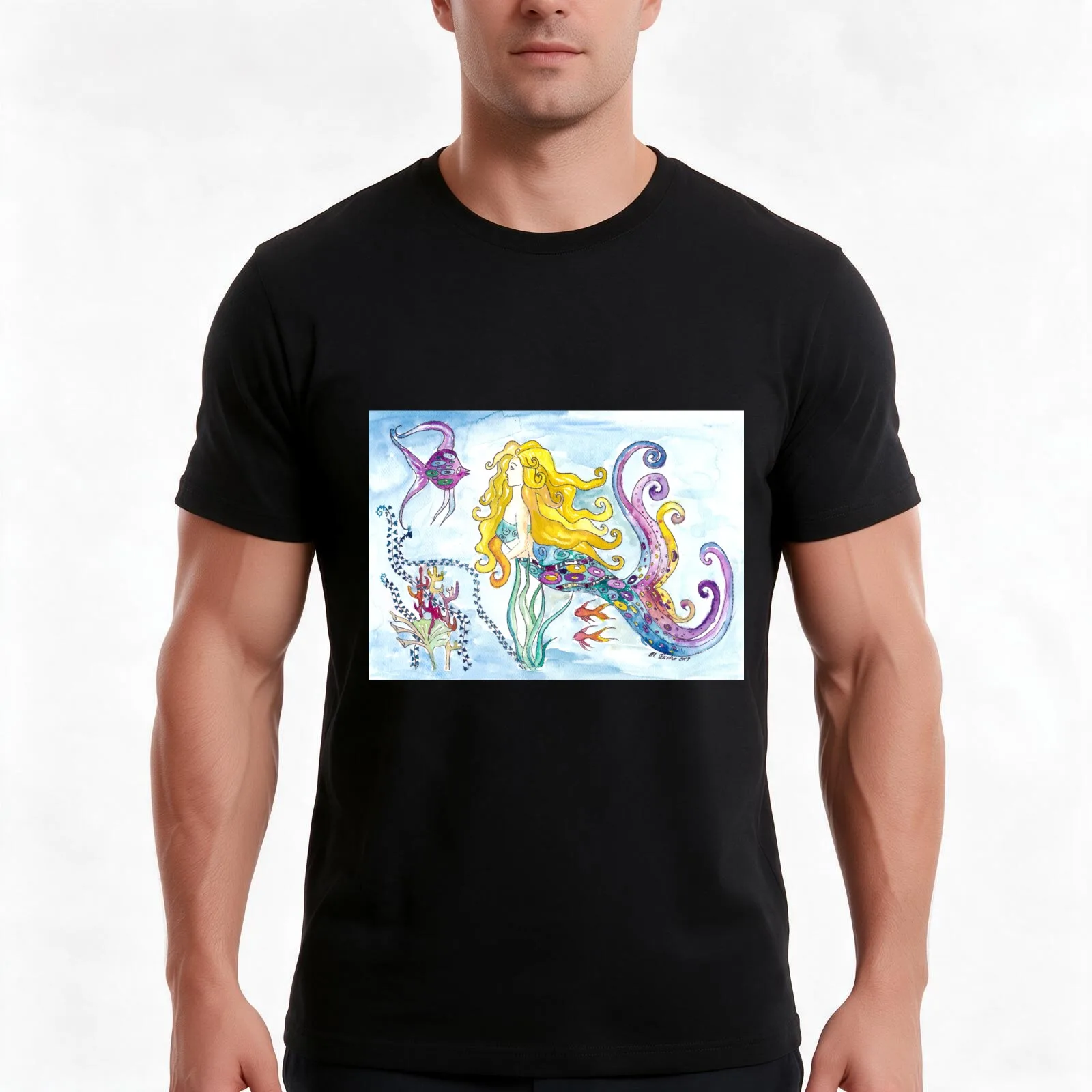 Blonde mermaid mermaid enchants fish - Klimt inspired T-Shirt, Summer Casual Cotton Tee, Oversized Streetwear Tops, 100% Cotton