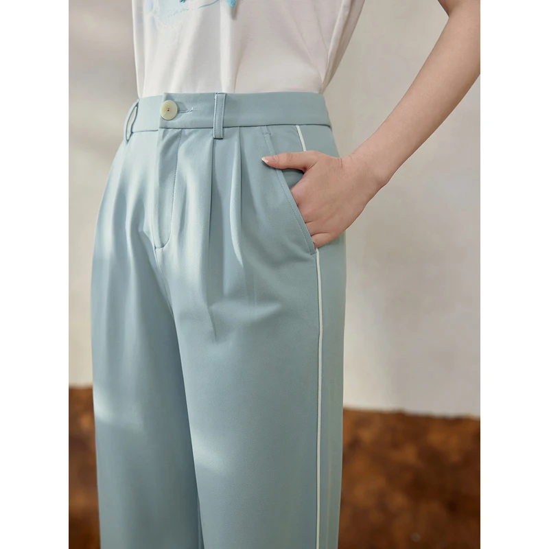 INMAN Women Suit Pants 2023 Summer High Waist Loose Wide-leg Trousers Thin Blue Elegant Casual All-match Pants