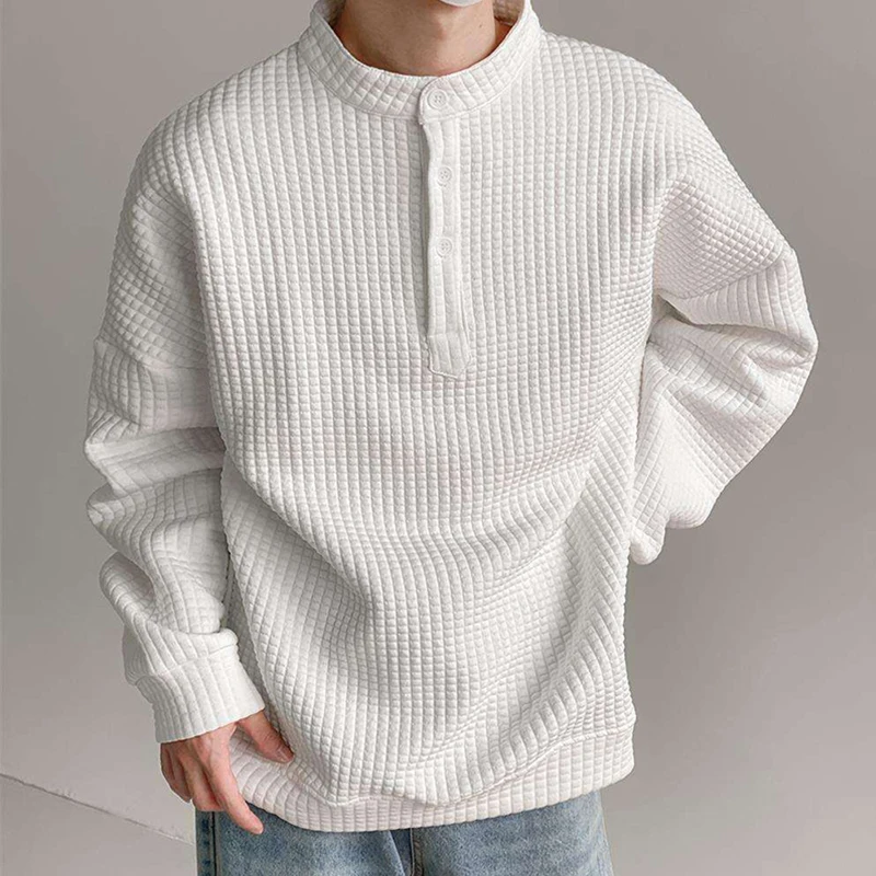 Men Plus Size 150KG Waffle Knit Henley Sweatshirt Spring Autumn Long Sleeve Loose Casual Pullover Solid Color Men Fall Tops