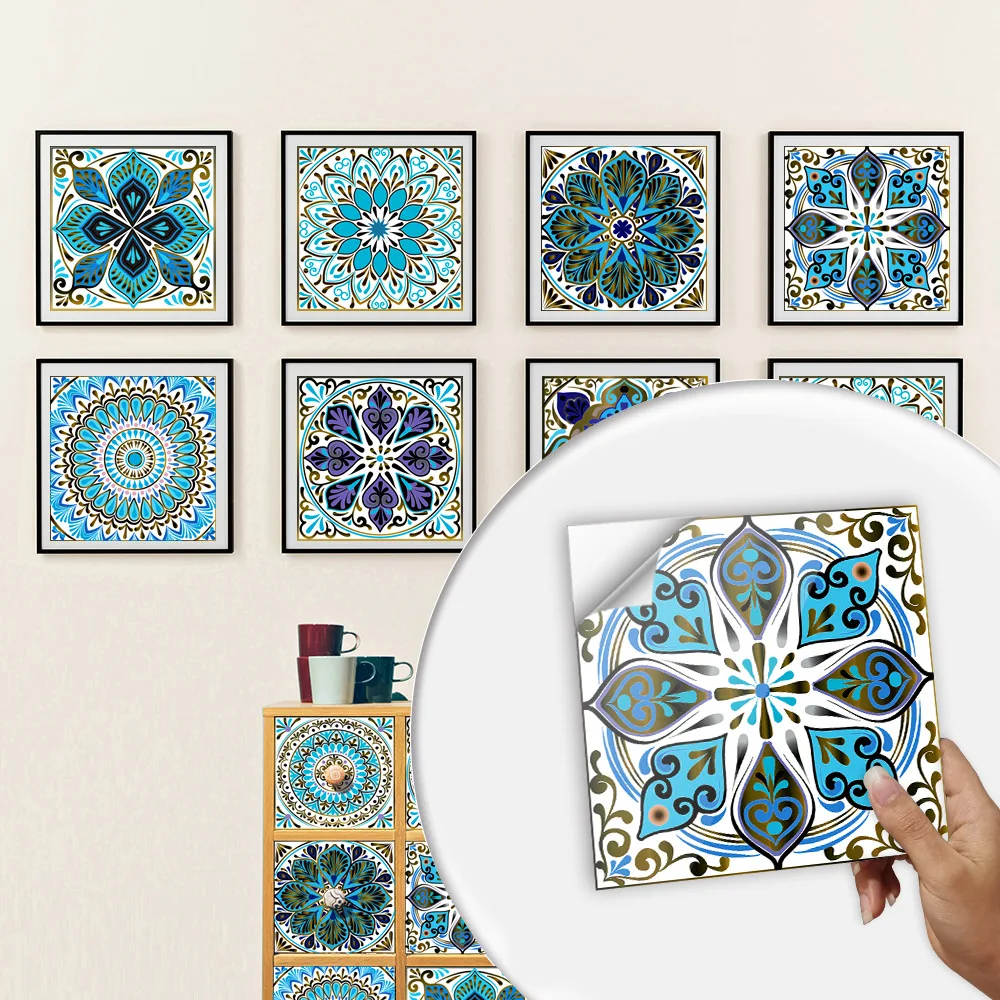 10pcs Wall Stickers Self Adhesive Mandala Simulation Ceramic Tile Wallpaper Wall Paper Home Kitchen Bathroom Decor Decorative