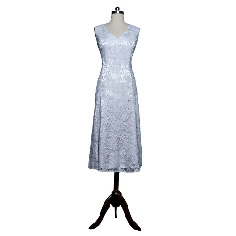 

Silver Mother Of The Bride Dresses A-line V-neck Tea Length Lace Plus Size Short Groom Mother Dresses For Wedding