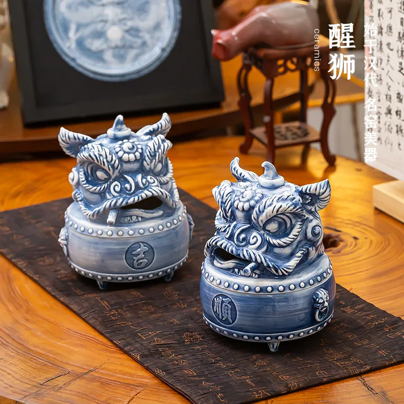 Lion Dancing Incense Burner Ghost Fan Sun Eye Good Lion in Pairs Lucky Creative Tea Set Desktop Ornament National Style Art