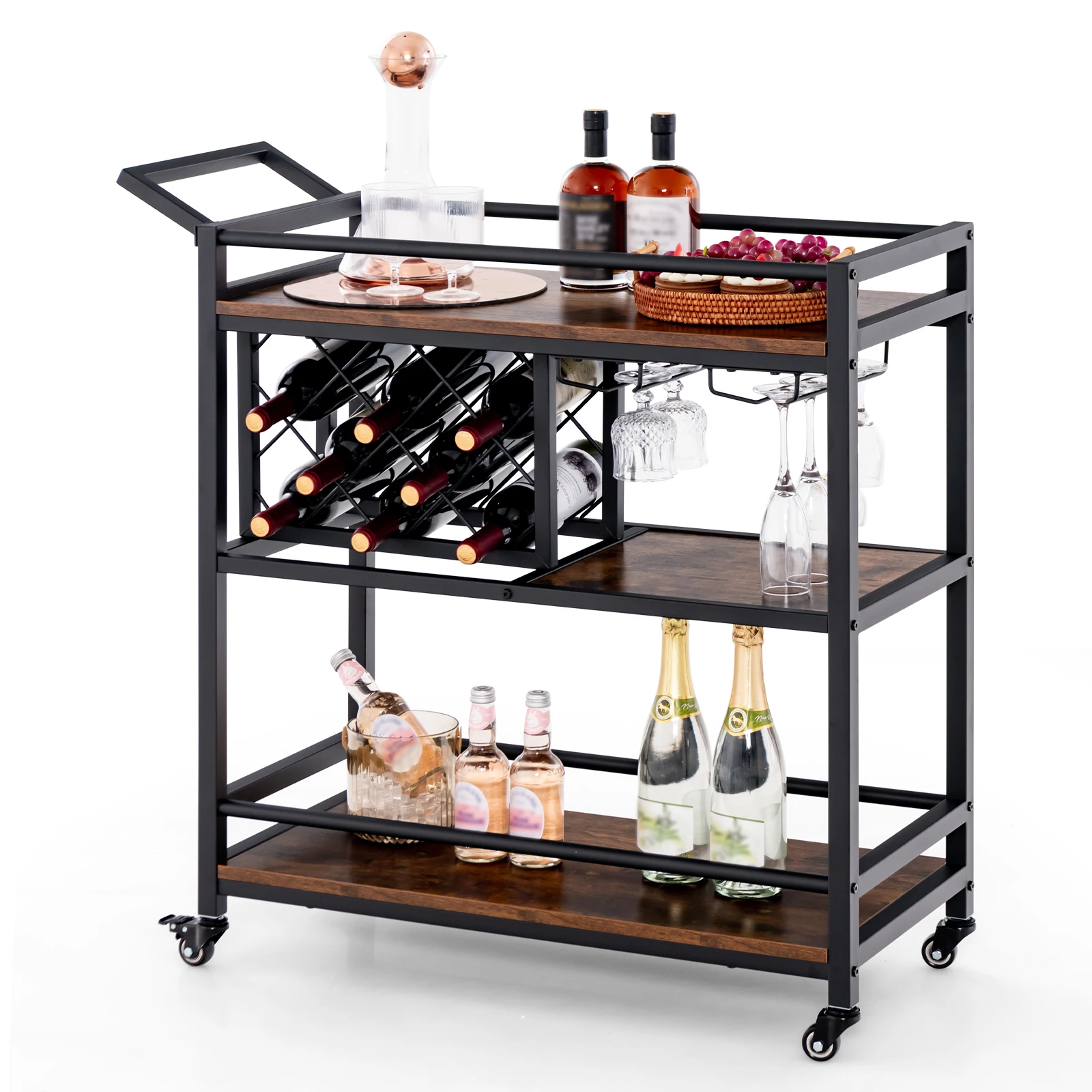 Serving trolley with wheels, 3-storey wine rack kitchen cart & glass holder, lockable bar cart metal frame