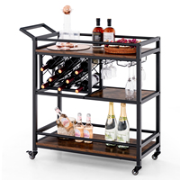 Serving trolley with wheels, 3-storey wine rack kitchen cart & glass holder, lockable bar cart metal frame