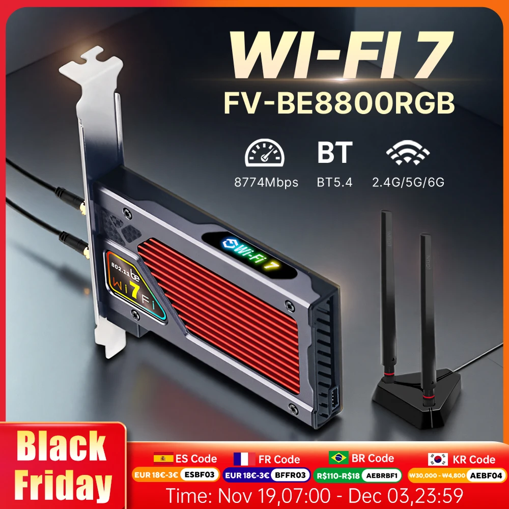 

WiFi 7 BE8800RGB PCIE Wireless Network Card BT5.4 8774Mbps Tri-band 2.4G/5G/6GHz for Desktop PC with Extension Base Win10/11