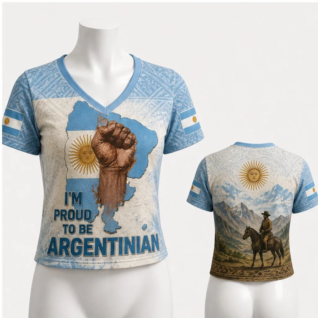 Womens Argentina V Neck Crop T Shirt Sky Blue White Sun Graphic Short Sleeve Casual Streetwear Top Summer Fashion Wear New Looks view 6
