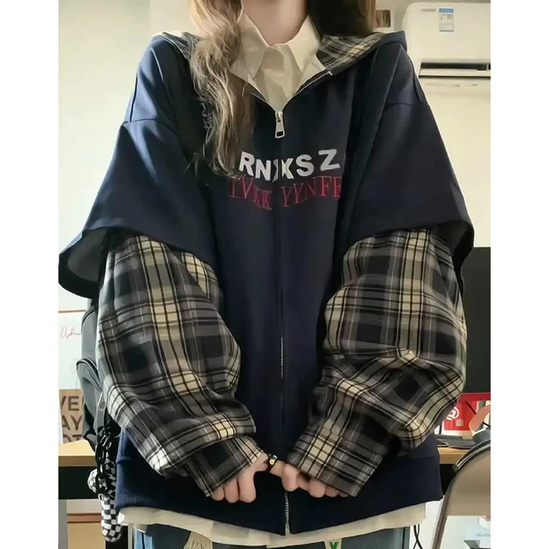 

Plaid Patchwork Hoodie Sweatshirt Women Zip Up Long Sleeve American Jacket Street Vintage Hiphop Lazy Casual Loose Coat