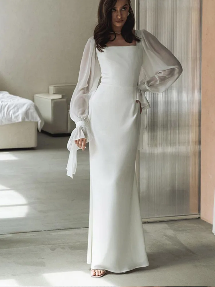 Elegant Mesh White Women Evening Dress Long Sleeve Square Collar Flare Sleeve Female Midi Robe 2024 Summer Solid Lady Dresses