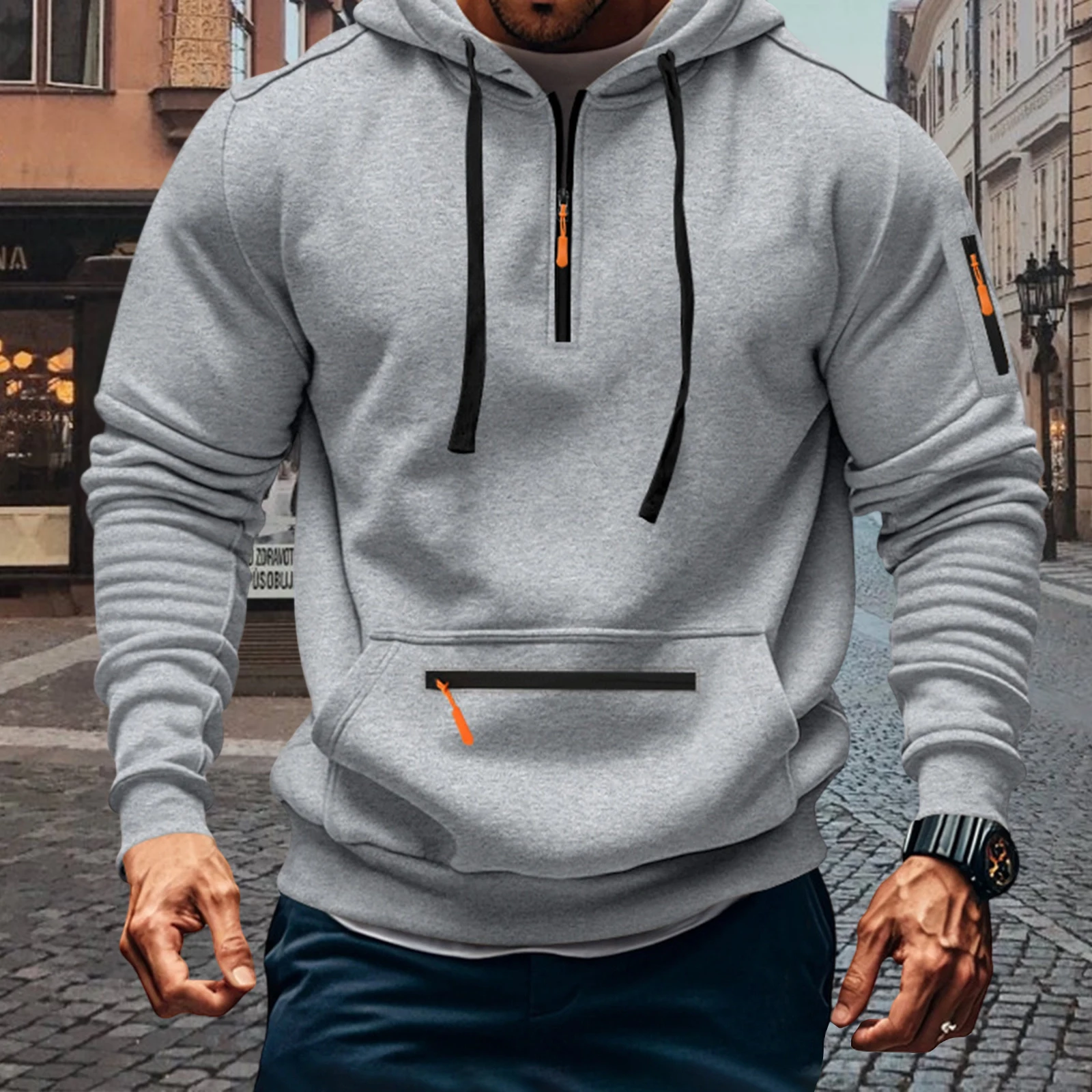 Moletom masculino outono inverno com cordão e bolsos casual de manga comprida com capuz