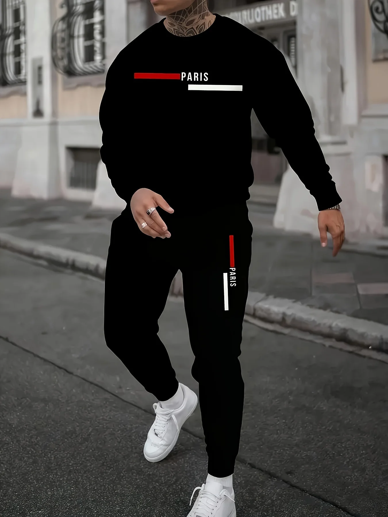 Men's Autumn and Winter Fashionable Casual PARIS Letter Printed Loose and Plush Thick Round Neck Sweatshirt + Sports Pants Set