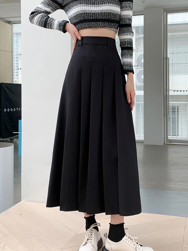 

QOERLIN Y2K Elastic Waist Black Pleated Skirts Women Side Zipper Midi Length Grey Skirt Office Ladies New Elegant Casual Saias