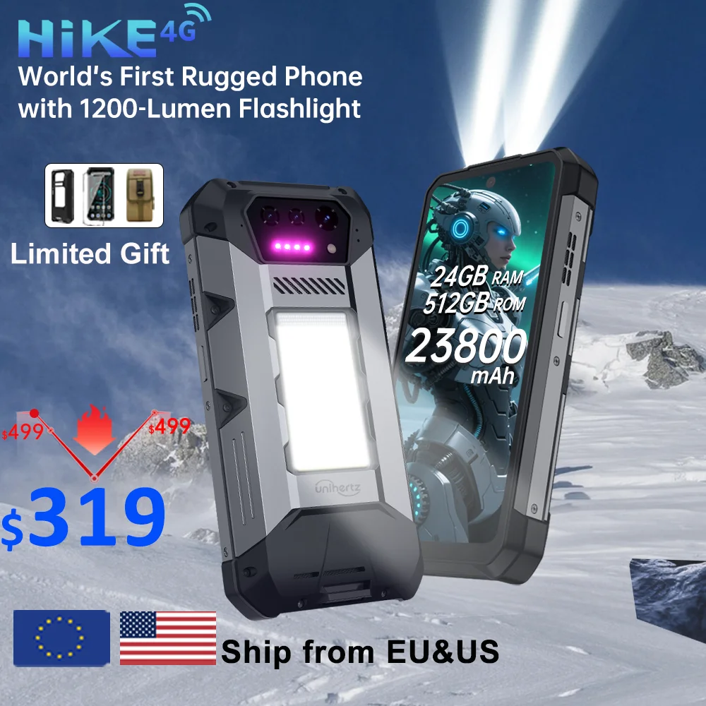 Unihertz Hike 8849 Rugged Smartphone Android 14 with 1200 Lumen 200 Meter Flashlight 23800mAh 12GB+512GB G200 CPU Dual Speaker