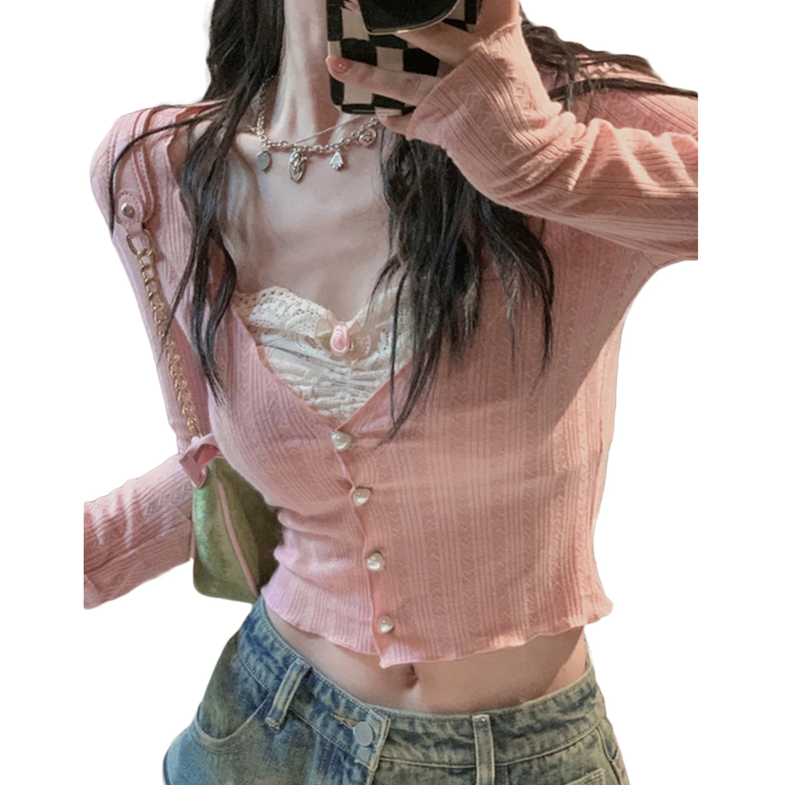 

Women Y2K Slim Knitted Crop Tops Fake Two-Piece Lace Patchwork Sweetheart Neckline Long Sleeve Cardigan Slim Fit Streetwear