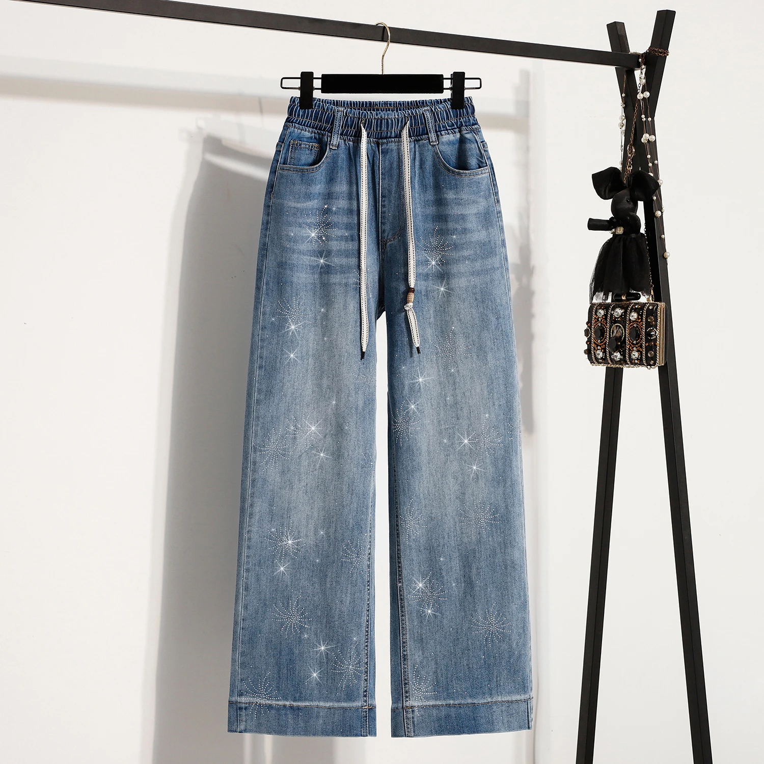 Elegant Rhinestone Embellished Wide Leg Denim Jeans Women's plus Size Elastic Waist Drawstring Loose Fitting Straight Long Pants