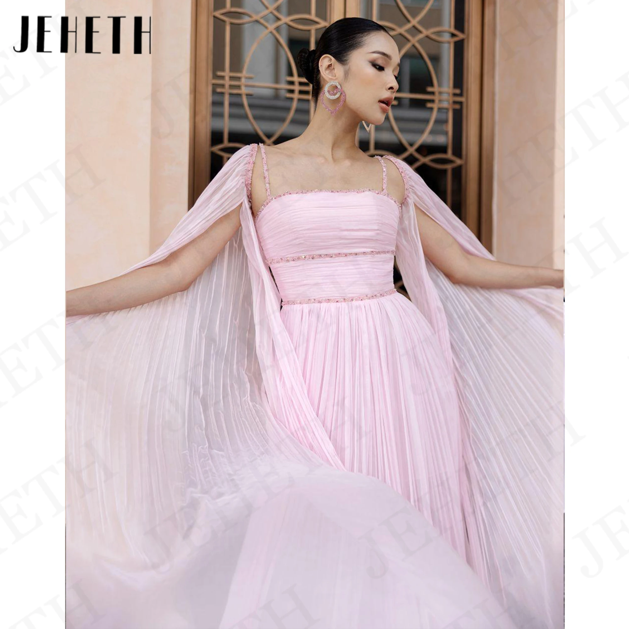 JEHETH Cape Sleeves Saudi Arabia Evening Dress Charming Chiffon A Line Pink Formal Occasion Dresses Dubai vestidos de fiesta