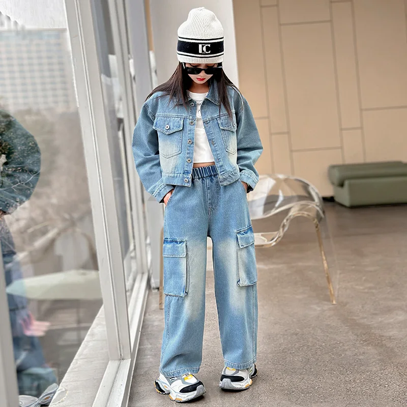 spring teen girls denim clothes set short Short cowboy jacket+cargo pants 2pcs junior kid jeans clothing suit child outfits 4-14