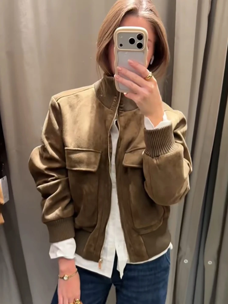 Schicke Jacke aus Kunstwildleder mit geripptem Bündchen für Damen, Retro-Stehkragen, Taschen, Reißverschluss, elastische Taille, Herbst-Alltags-Streetwear 2026 – Detail 17