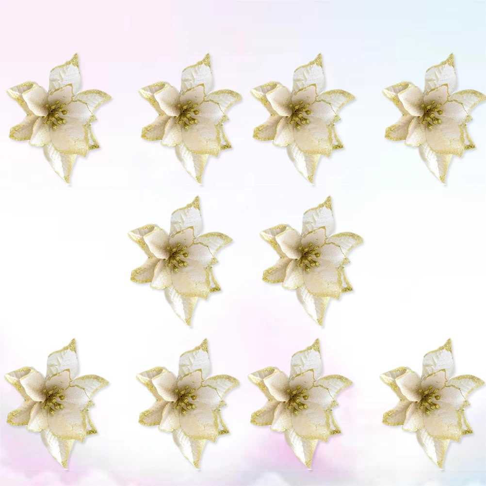 

10pcs 13Cm Christmas Flower Decor Glitter Artificial Flowers For Xmas Tree Wedding Decoration Gold Fake Blooms Party Supplies